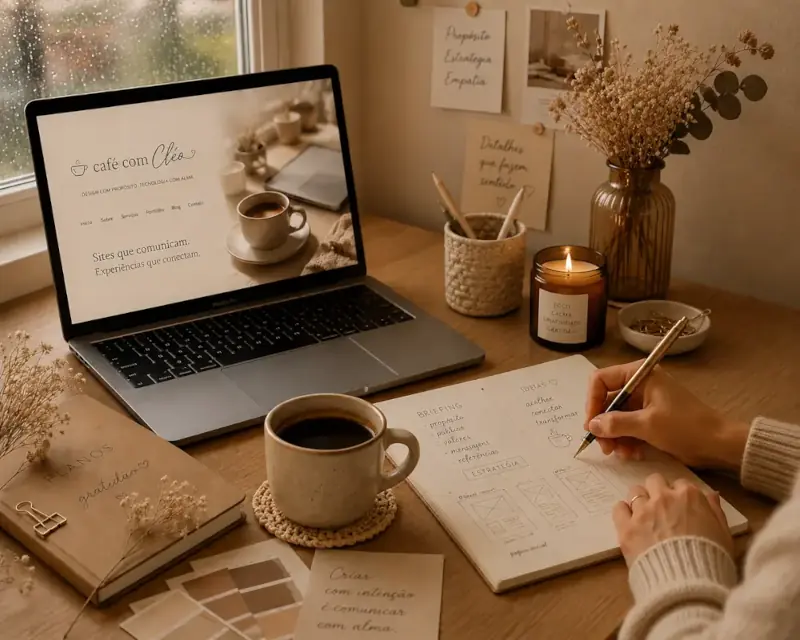 Notebook em mesa com café e caderno